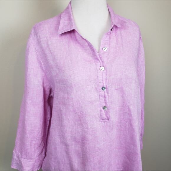 J. Jill Pink Linen top 1/2 Button 3/4 Length Sleeves Women's Size Petite Small - Picture 7 of 9